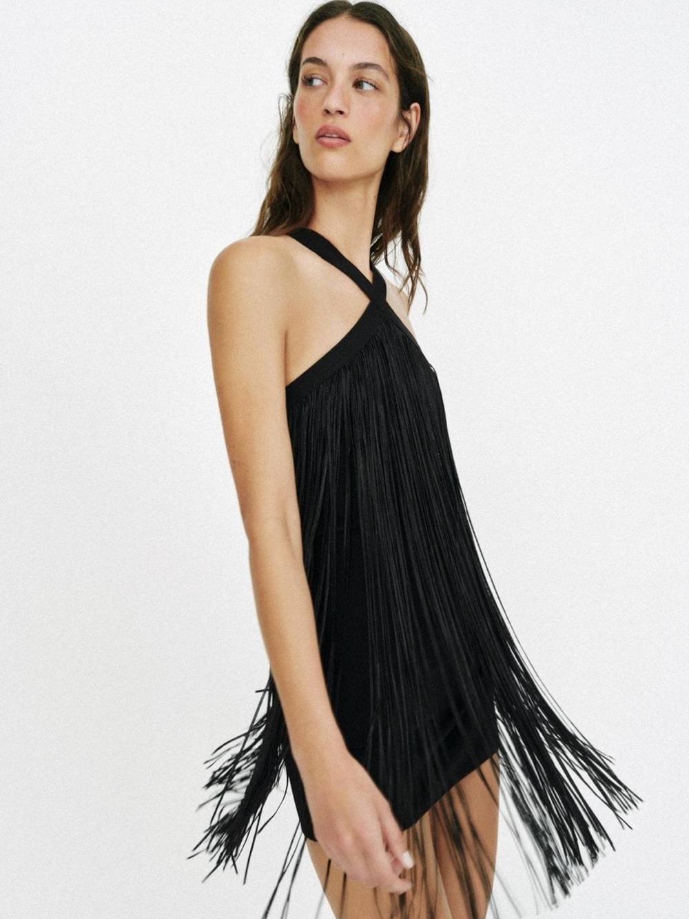 Zara Black Fringe Halter Mini Dress with Crisscross Straps Size Medium NWT - Picture 3 of 10